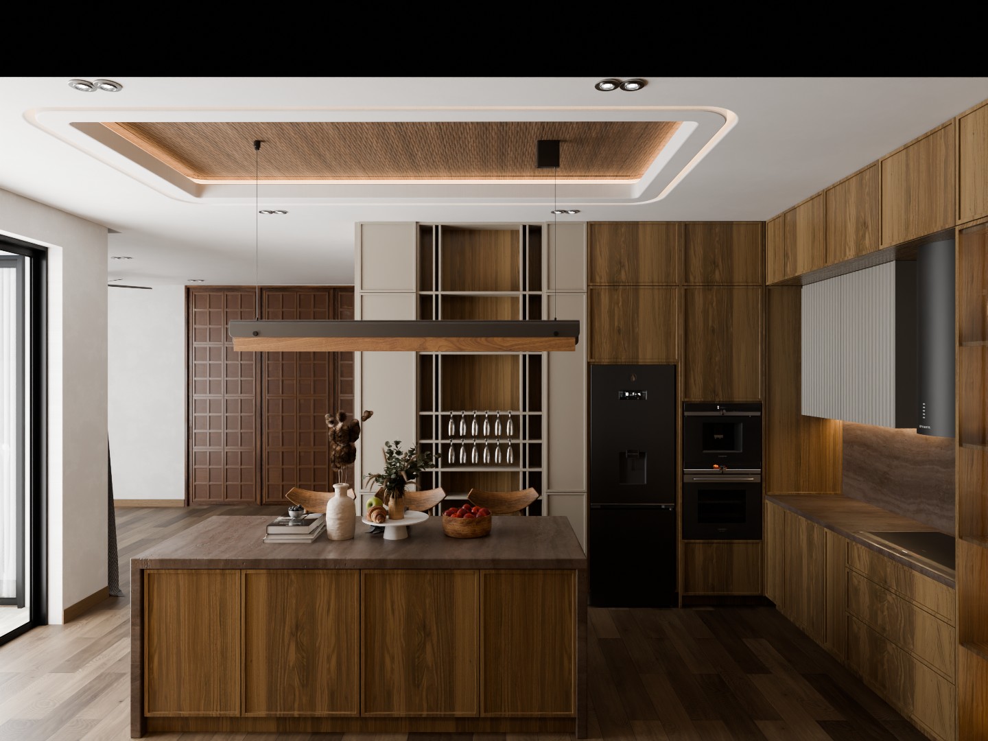 Walnut tones & wine display