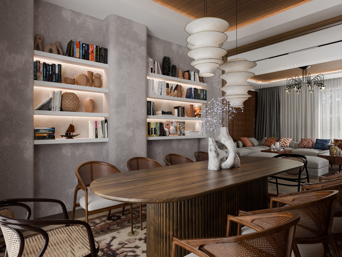 Lit shelving and open-plan connection