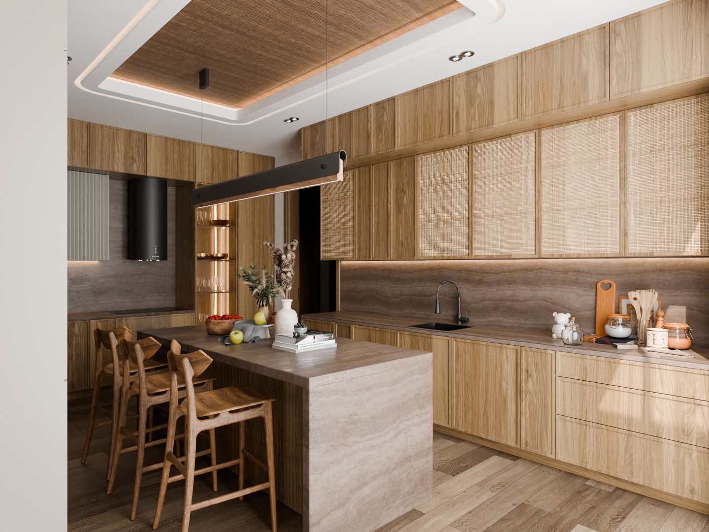 Travertine island & rattan upper cabinets